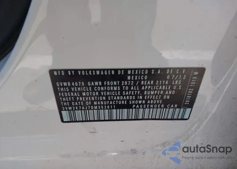 2013 Volkswagen Jetta 2.0L S from USA, damaged, VIN 3VW2K7AJ7DM352611